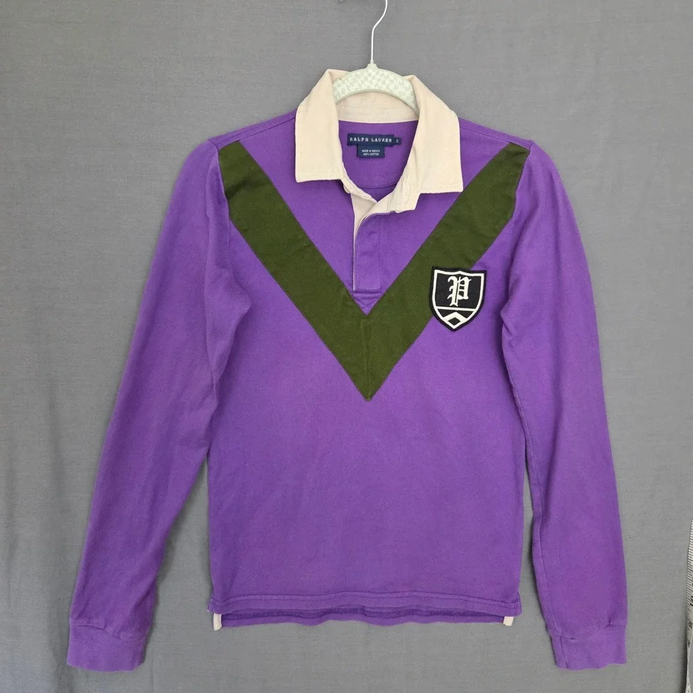 Ralph Lauren Kids Purple‎ Olive Chevron Rugby Shirt Long Sleeve Crest Patch S